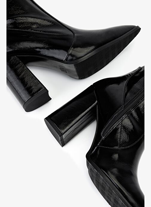 Valmenti Kadın Deri & Suni Siyah Rugan Topuklu Çizme - Görsel 6