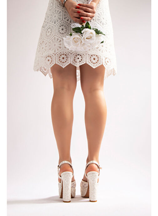 Lolita Kadın Platform Topuklu Gelinlik Ayakkabı Beyaz Dantel - Görsel 8