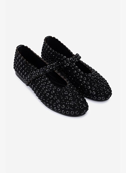 Valmenti Kadın Hakiki Deri Siyah/Siyah Taş Babet Ayakkabı - Görsel 3