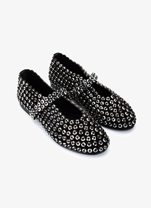 Valmenti Kadın Hakiki Deri Siyah/Beyaz Taş Babet Ayakkabı - Görsel 3