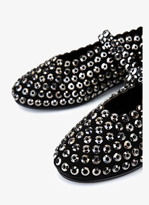 Valmenti Kadın Hakiki Deri Siyah/Beyaz Taş Babet Ayakkabı - Görsel 4