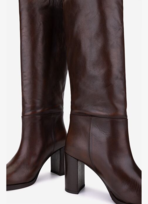 Valmenti Kadın Hakiki Deri Kahverengi Topuklu Çizme - Görsel 6