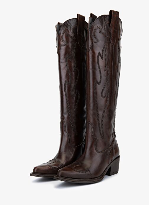 Valmenti Kadın Hakiki Deri Kahverengi Western Çizme - Görsel 5