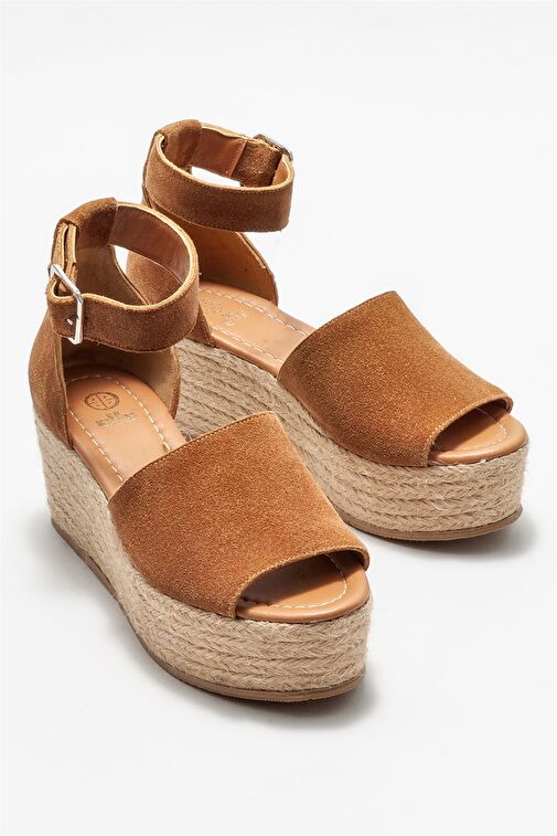 Taba Deri Kadın Dolgu Topuklu Sandalet - Görsel 3