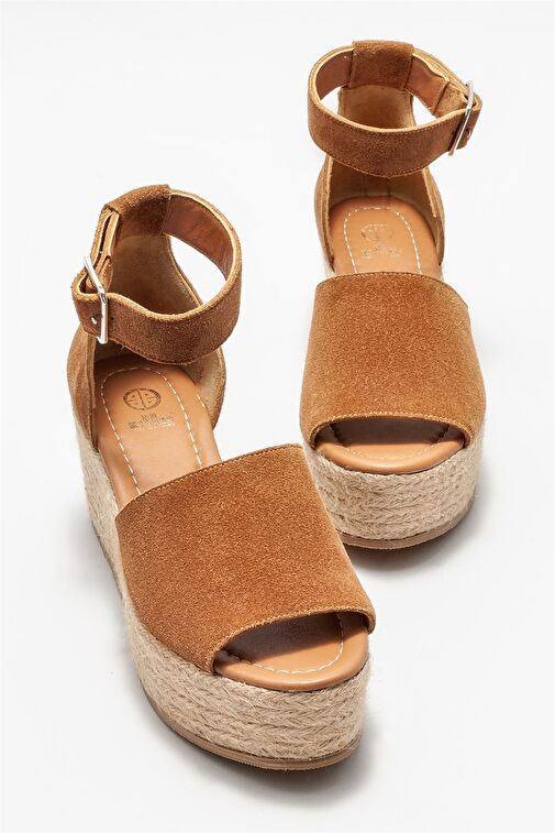 Taba Deri Kadın Dolgu Topuklu Sandalet - Görsel 4