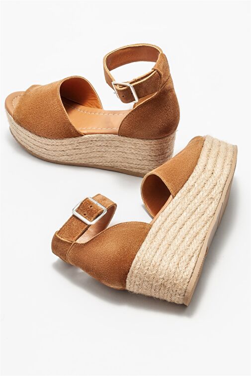 Taba Deri Kadın Dolgu Topuklu Sandalet - Görsel 5