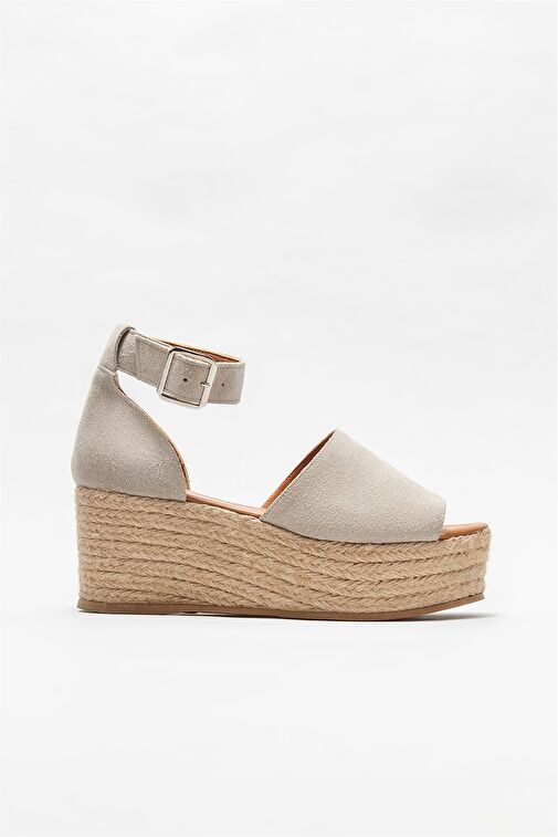 Bej Deri Kadın Dolgu Topuklu Sandalet - Görsel 2