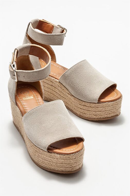 Bej Deri Kadın Dolgu Topuklu Sandalet - Görsel 3