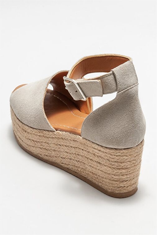 Bej Deri Kadın Dolgu Topuklu Sandalet - Görsel 5