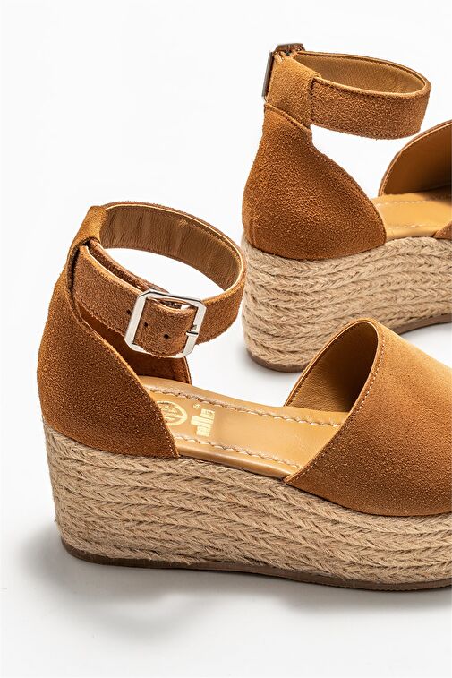 Taba Deri Kadın Dolgu Topuklu Sandalet - Görsel 5