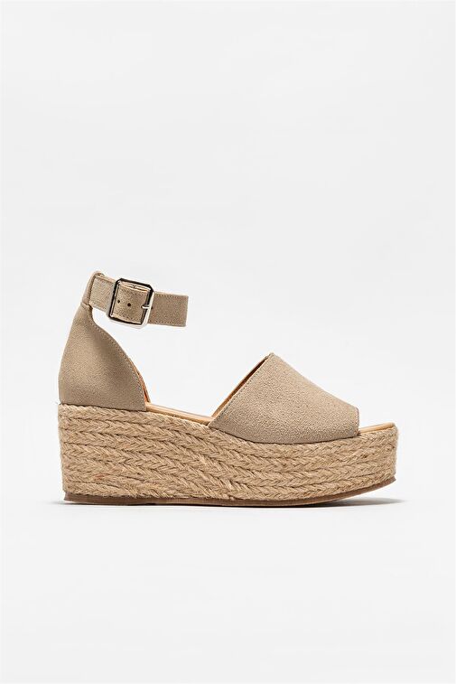 Bej Deri Kadın Dolgu Topuklu Sandalet - Görsel 2