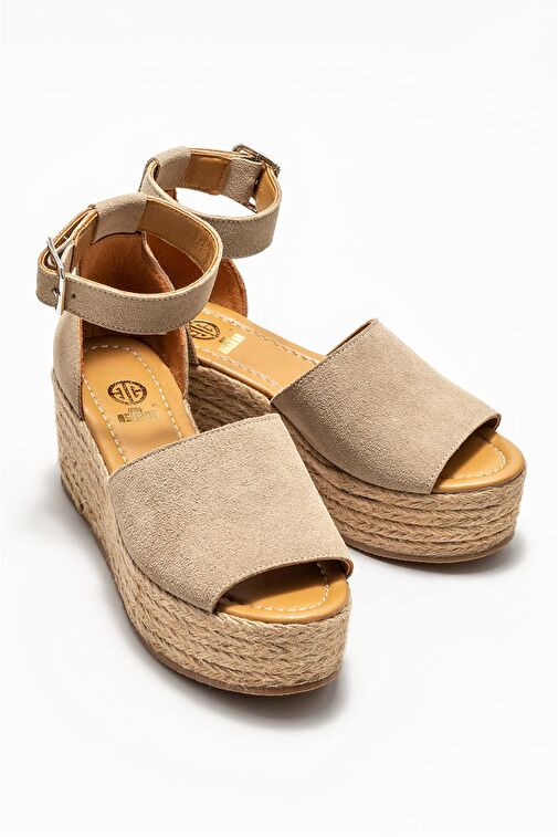 Bej Deri Kadın Dolgu Topuklu Sandalet - Görsel 3