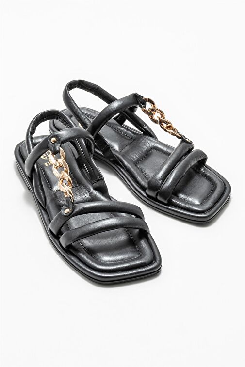 Siyah Deri Kadın Düz Sandalet - Görsel 3