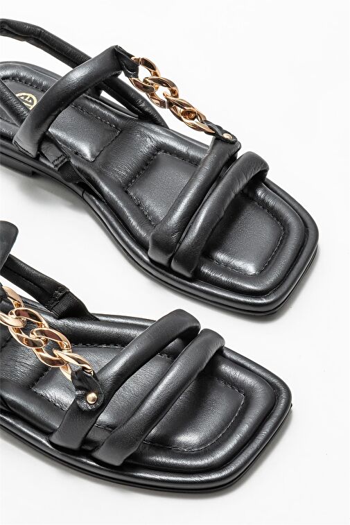 Siyah Deri Kadın Düz Sandalet - Görsel 4