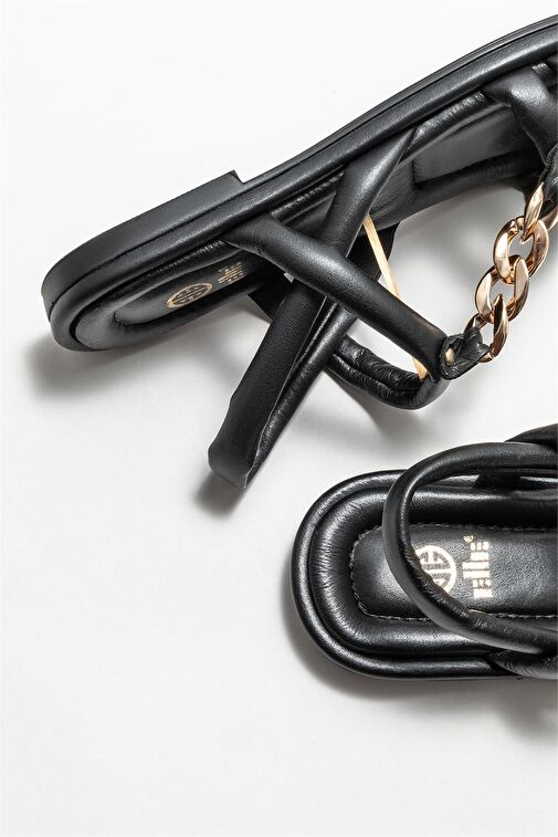 Siyah Deri Kadın Düz Sandalet - Görsel 5