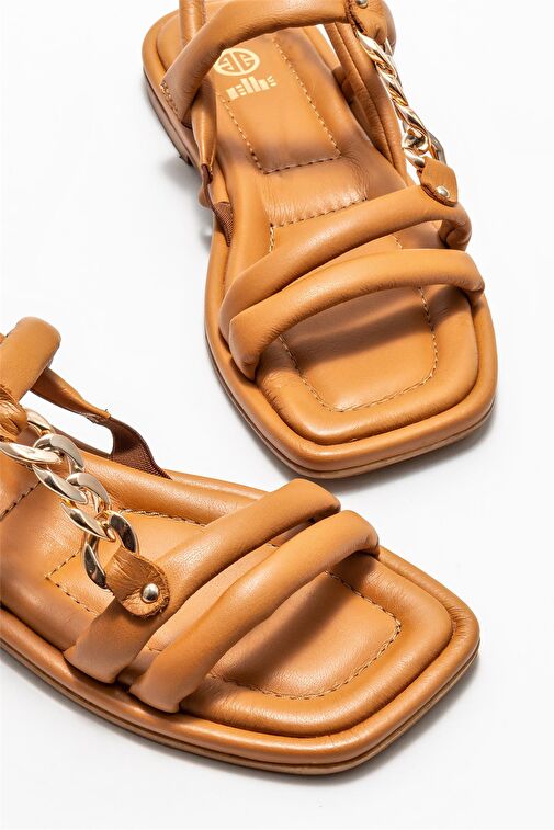 Taba Deri Kadın Düz Sandalet - Görsel 4