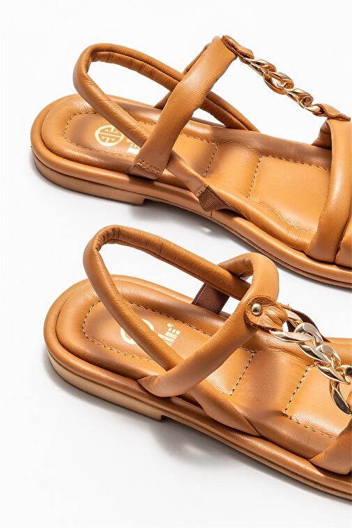 Taba Deri Kadın Düz Sandalet - Görsel 5