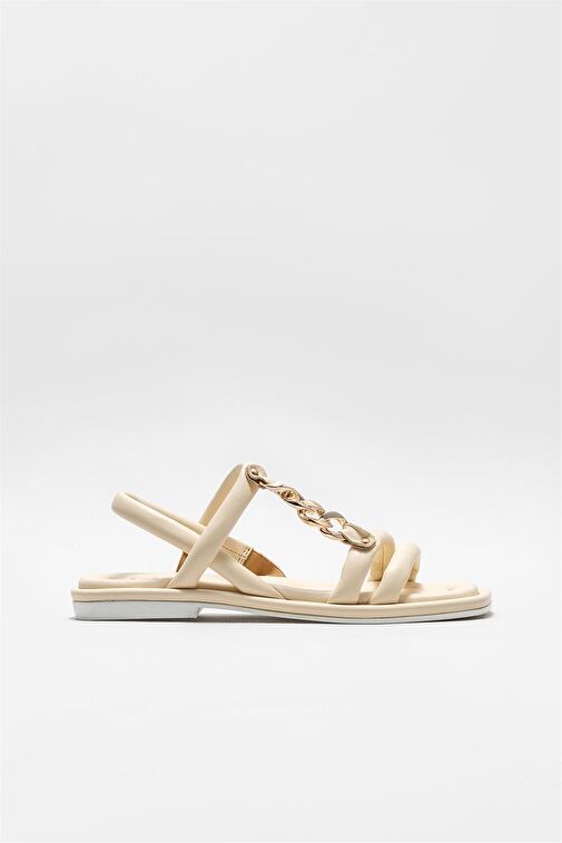 Bej Deri Kadın Düz Sandalet - Görsel 2