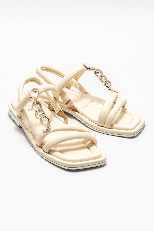 Bej Deri Kadın Düz Sandalet - Görsel 3