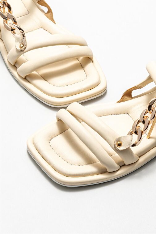 Bej Deri Kadın Düz Sandalet - Görsel 4