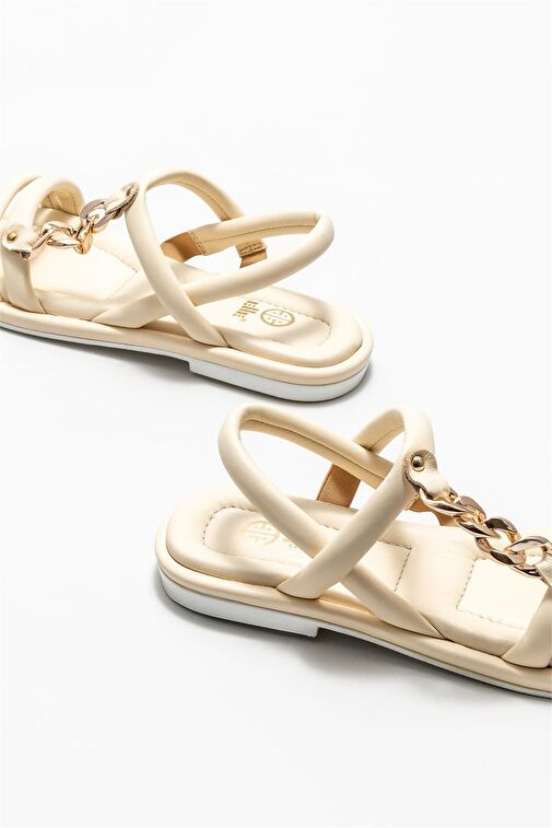 Bej Deri Kadın Düz Sandalet - Görsel 5