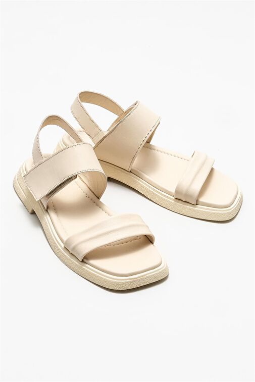 Bej Deri Kadın Düz Sandalet - Görsel 3