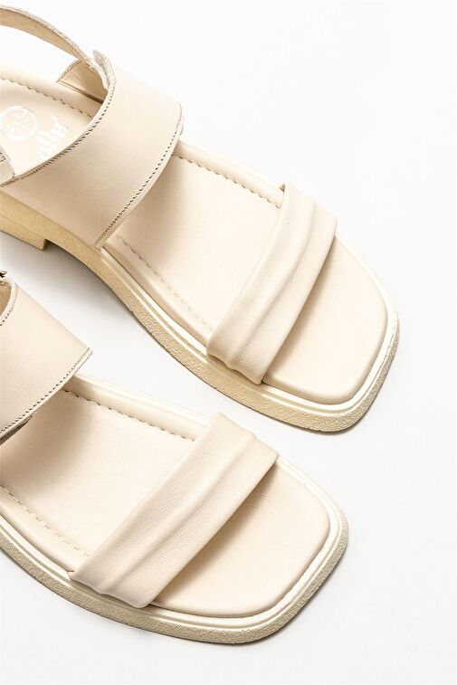 Bej Deri Kadın Düz Sandalet - Görsel 4