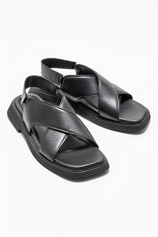 Siyah Deri Kadın Düz Sandalet - Görsel 3