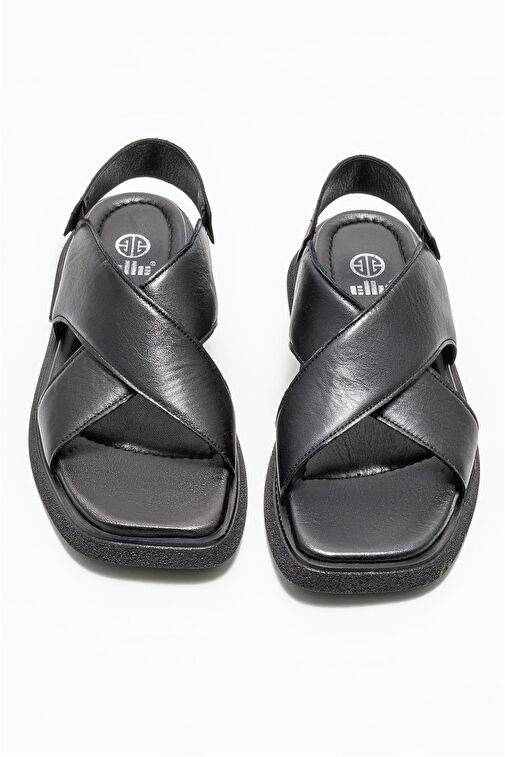 Siyah Deri Kadın Düz Sandalet - Görsel 4