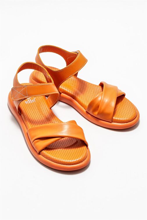 Turuncu Deri Kadın Düz Sandalet - Görsel 3