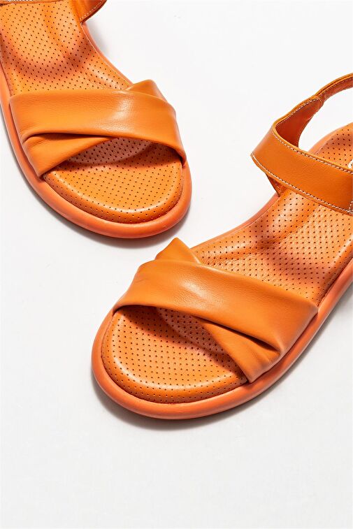 Turuncu Deri Kadın Düz Sandalet - Görsel 4