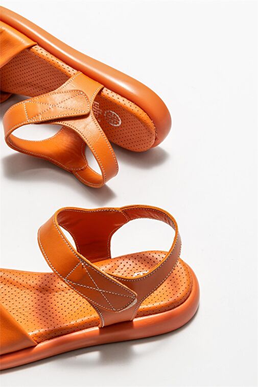 Turuncu Deri Kadın Düz Sandalet - Görsel 5