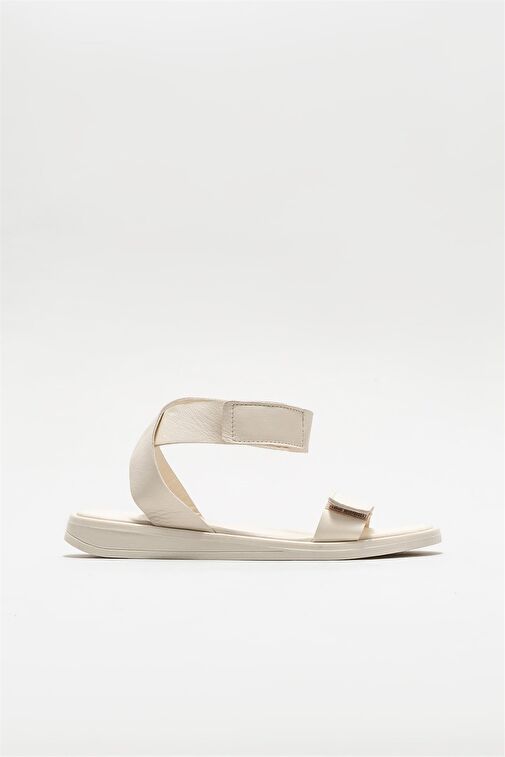 Ekru Deri Kadın Düz Sandalet - Görsel 2