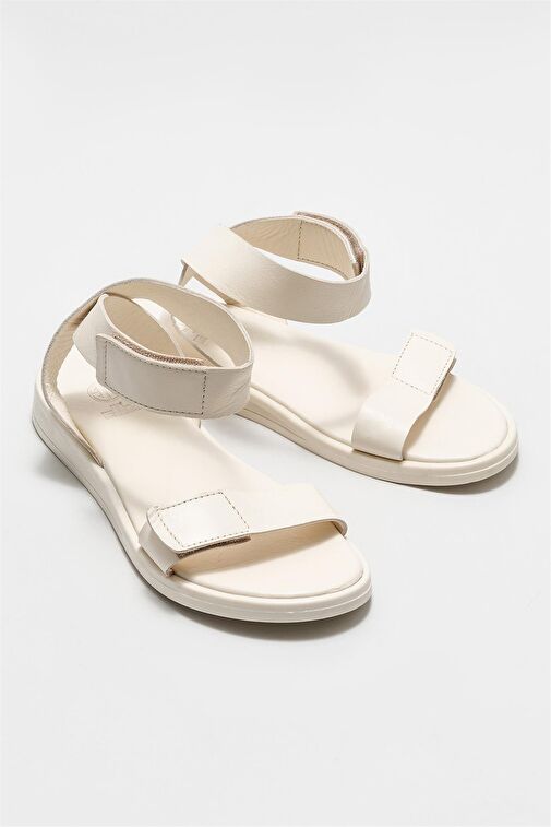 Ekru Deri Kadın Düz Sandalet - Görsel 3