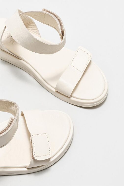 Ekru Deri Kadın Düz Sandalet - Görsel 4