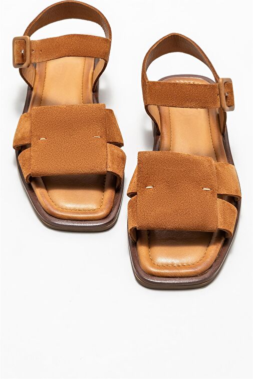 Taba Deri Kadın Düz Sandalet - Görsel 4