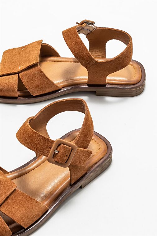 Taba Deri Kadın Düz Sandalet - Görsel 5