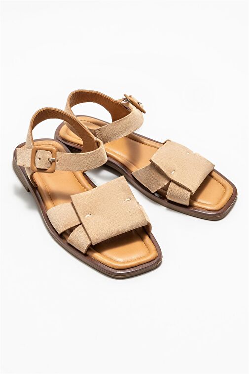Bej Deri Kadın Düz Sandalet - Görsel 3
