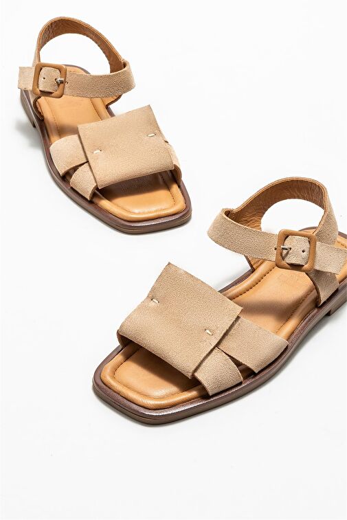 Bej Deri Kadın Düz Sandalet - Görsel 4