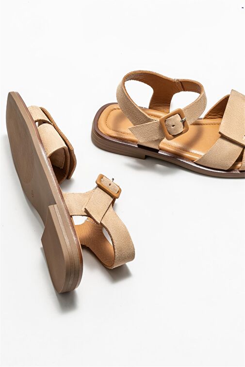 Bej Deri Kadın Düz Sandalet - Görsel 5