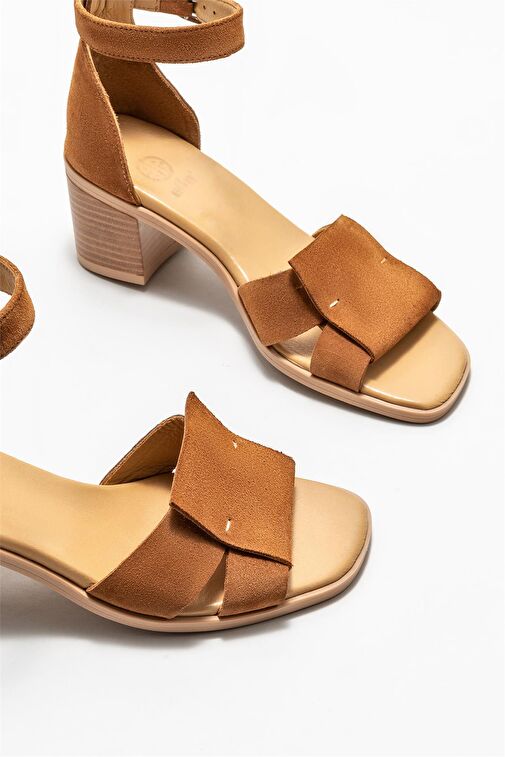 Taba Deri Kadın Topuklu Sandalet - Görsel 4