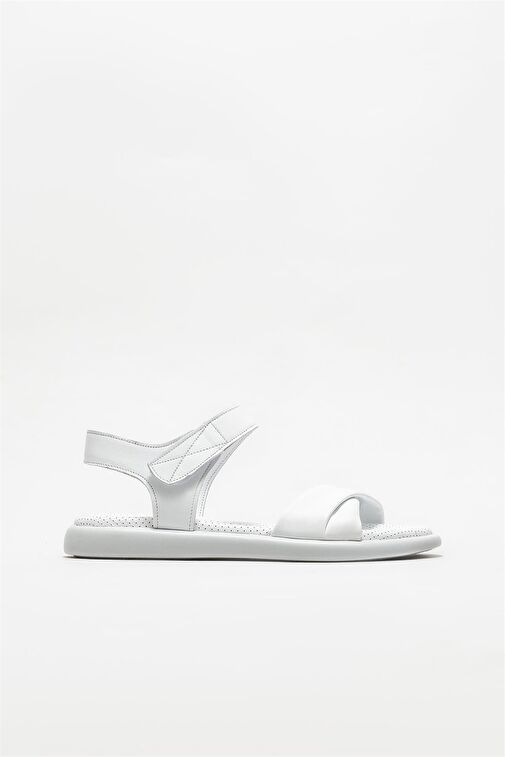 Beyaz Deri Kadın Düz Sandalet - Görsel 2