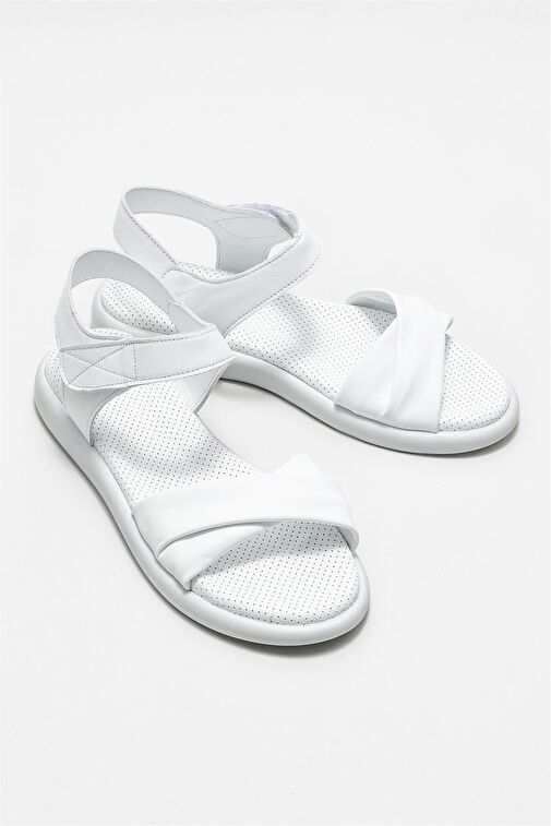 Beyaz Deri Kadın Düz Sandalet - Görsel 3
