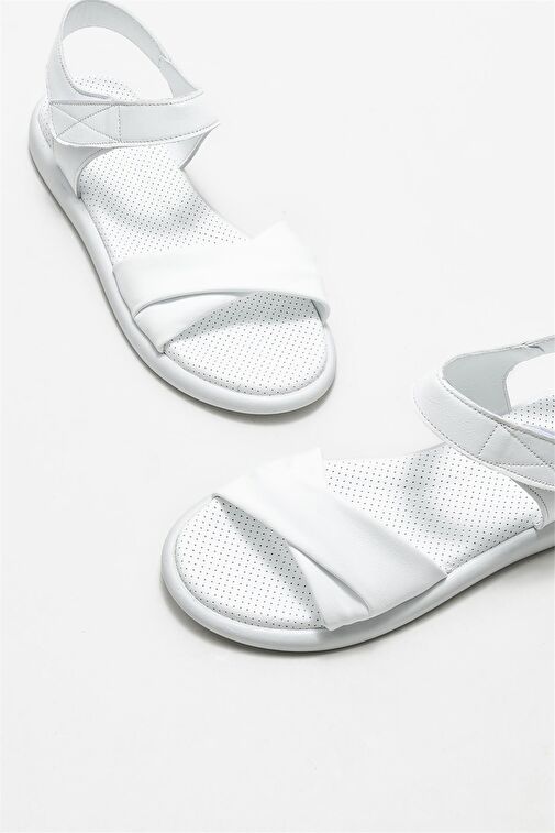Beyaz Deri Kadın Düz Sandalet - Görsel 4