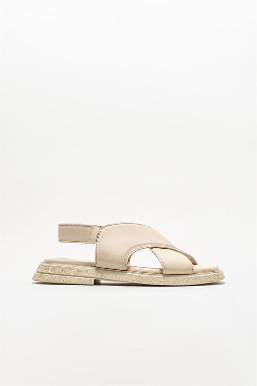 Bej Deri Kadın Düz Sandalet - Görsel 2