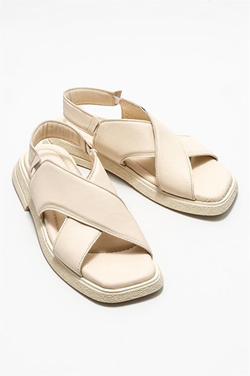 Bej Deri Kadın Düz Sandalet - Görsel 3