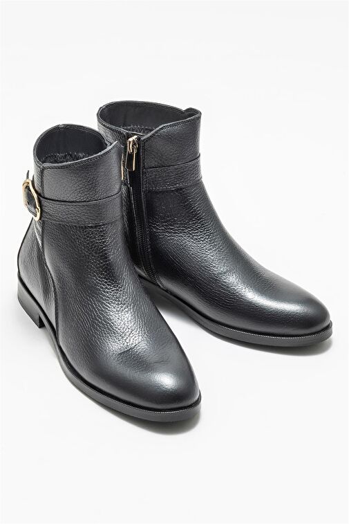 Siyah Deri Kadın Düz Bot - Görsel 3