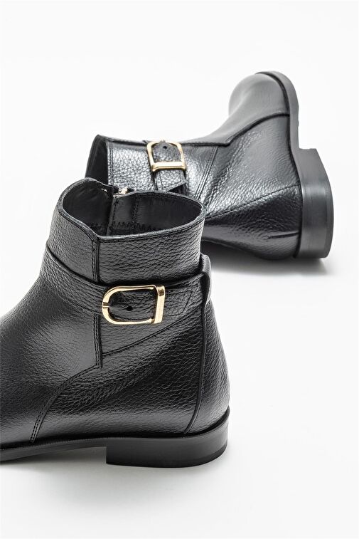 Siyah Deri Kadın Düz Bot - Görsel 5