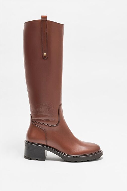 Taba Deri Kadın Topuklu Çizme - Görsel 2