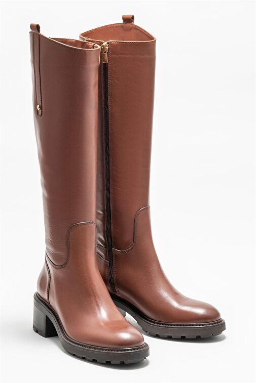 Taba Deri Kadın Topuklu Çizme - Görsel 3